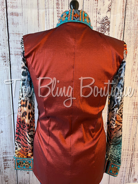 Copper & Turquoise Day Shirt Set With Sheer Sleeves (XL)