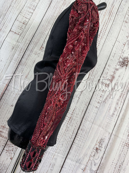 Black & Burgundy Day Shirt Set With Beaded Lace Sleeves (S)