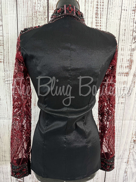 Black & Burgundy Day Shirt Set With Beaded Lace Sleeves (S)