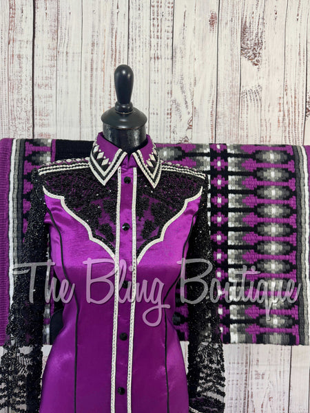 Grape & Black Day Shirt Set With Beaded Lace Sleeves (XS/S)