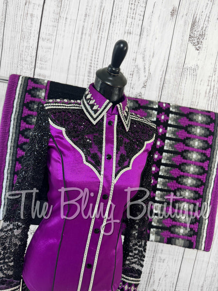 Grape & Black Day Shirt Set With Beaded Lace Sleeves (XS/S)