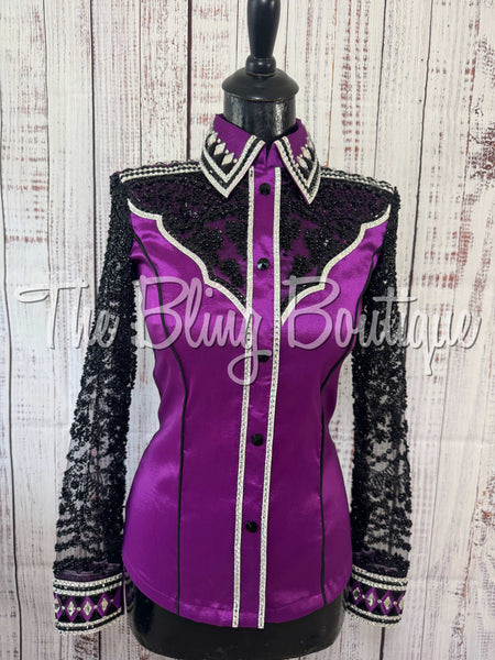Grape & Black Day Shirt Set With Beaded Lace Sleeves (XS/S)