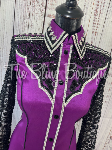 Grape & Black Day Shirt Set With Beaded Lace Sleeves (XS/S)