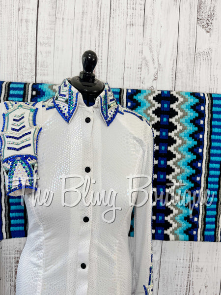 Iridescent White, Royal Blue & Turquoise Day Shirt Set (Medium)