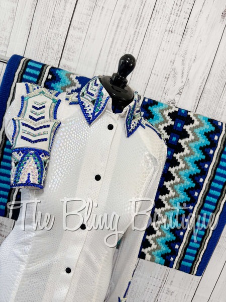 Iridescent White, Royal Blue & Turquoise Day Shirt Set (Medium)