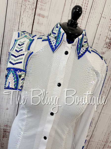 Iridescent White, Royal Blue & Turquoise Day Shirt Set (Medium)