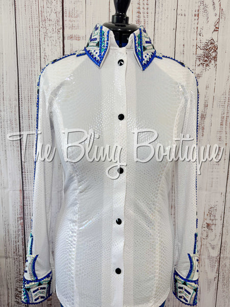 Iridescent White, Royal Blue & Turquoise Day Shirt Set (Medium)