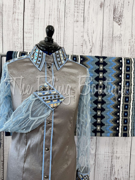 Grey, Blue & PeriwinkleDay Shirt Set With Lace Sleeves (XL)
