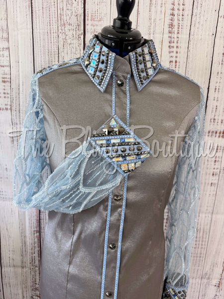 Grey, Blue & PeriwinkleDay Shirt Set With Lace Sleeves (XL)