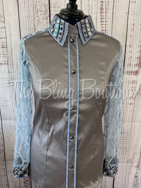 Grey, Blue & PeriwinkleDay Shirt Set With Lace Sleeves (XL)