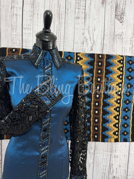 Dark Blue & Black Day Shirt Set With Lace Sleeves (S)