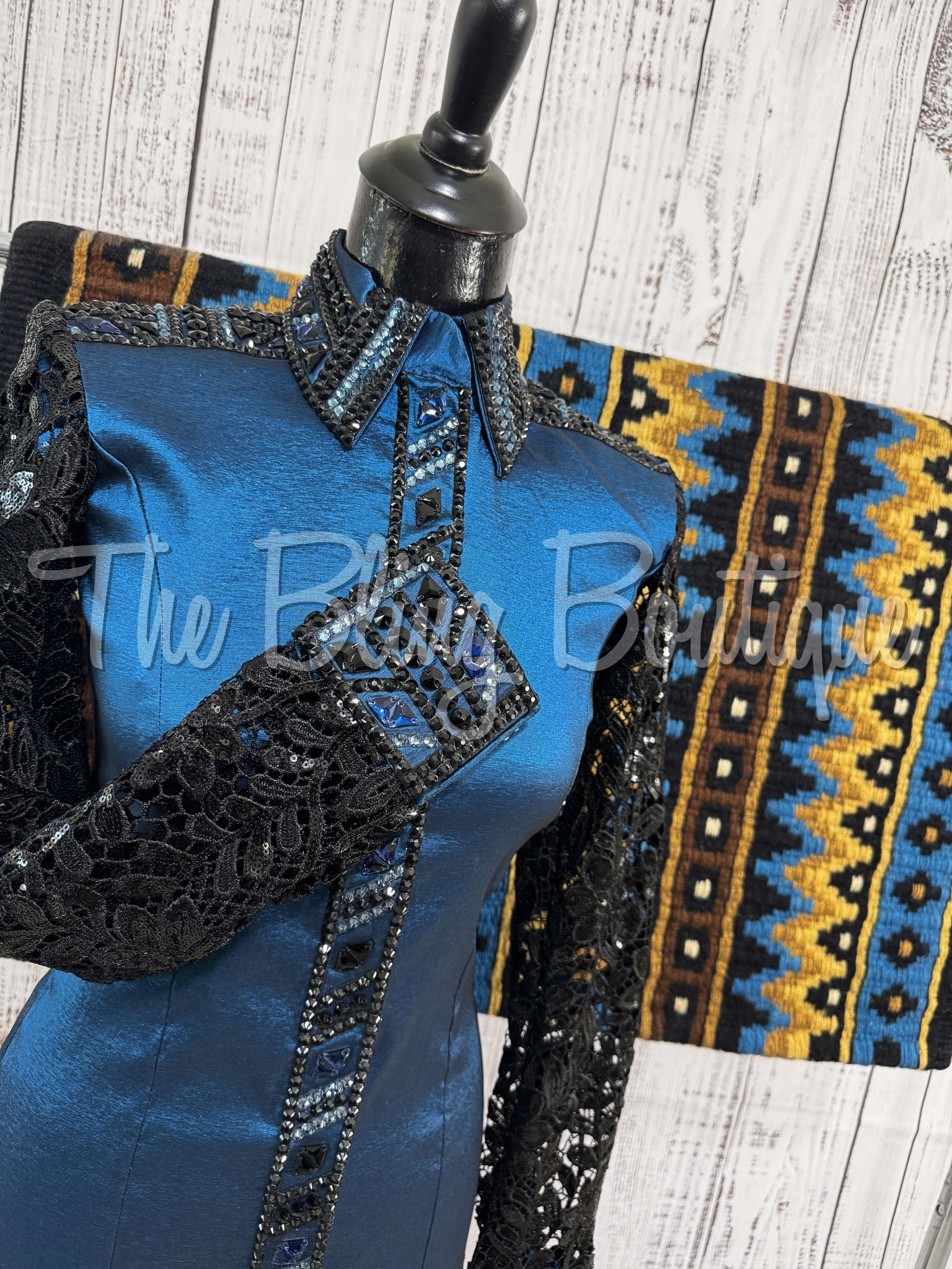 Dark Blue & Black Day Shirt Set With Lace Sleeves (S)