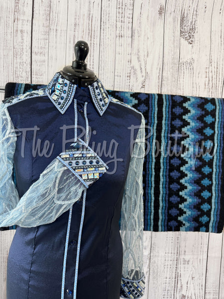 Navy Blue & Periwinkle Day Shirt Set With Beaded Lace Sleeves (L)