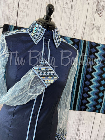 Navy Blue & Periwinkle Day Shirt Set With Beaded Lace Sleeves (L)