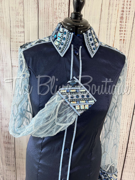 Navy Blue & Periwinkle Day Shirt Set With Beaded Lace Sleeves (L)