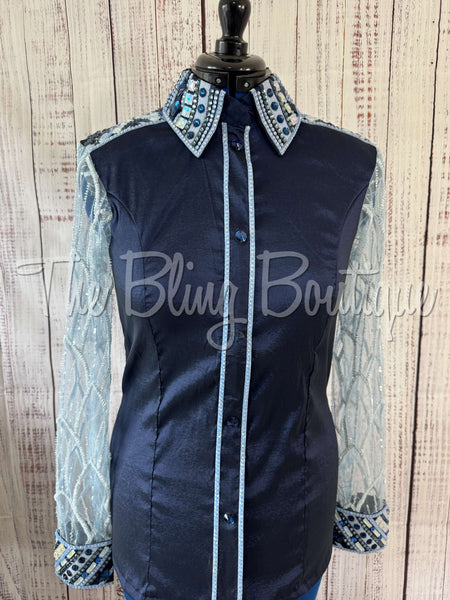 Navy Blue & Periwinkle Day Shirt Set With Beaded Lace Sleeves (L)