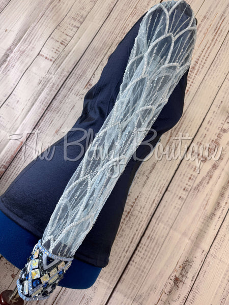 Navy Blue & Periwinkle Day Shirt Set With Beaded Lace Sleeves (L)
