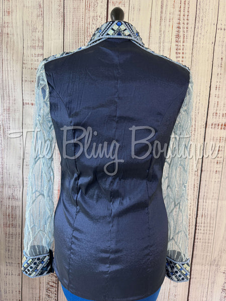 Navy Blue & Periwinkle Day Shirt Set With Beaded Lace Sleeves (L)