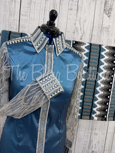 Smokey blue & Grey Day Shirt Set With Lace Sleeves (XL)
