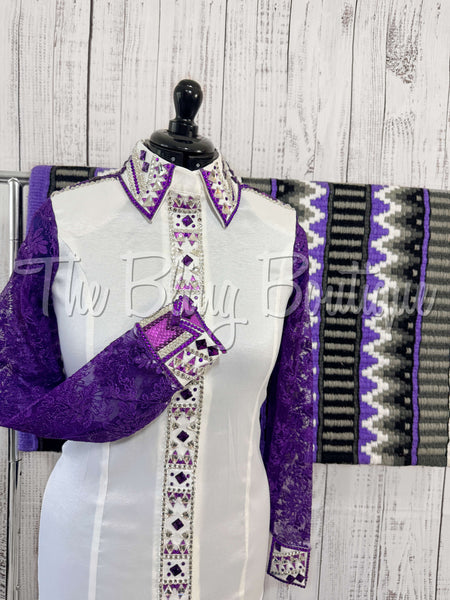 White & Bright Purple Day Shirt Set With Lace Sleeves (L)