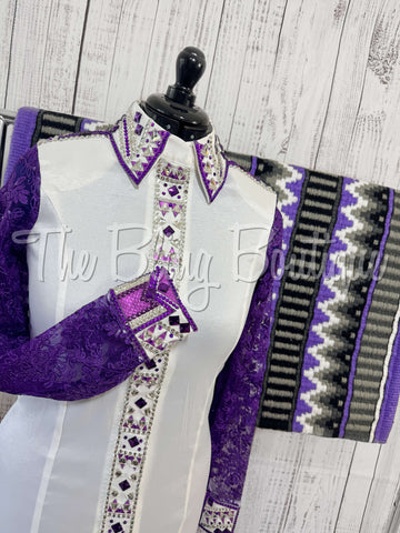 White & Bright Purple Day Shirt Set With Lace Sleeves (L)