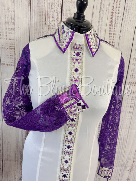 White & Bright Purple Day Shirt Set With Lace Sleeves (L)