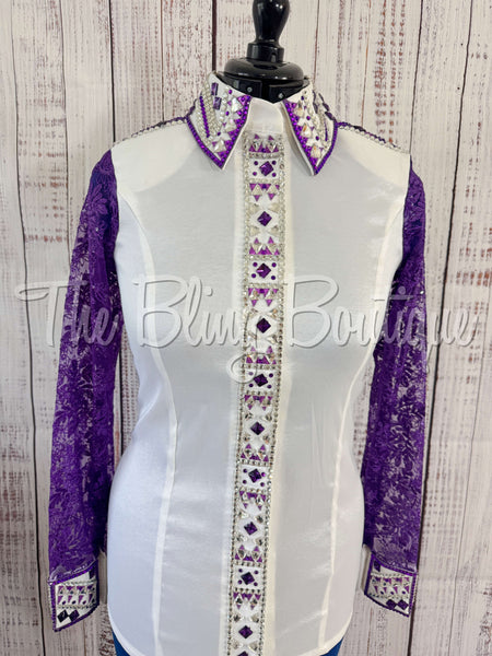 White & Bright Purple Day Shirt Set With Lace Sleeves (L)