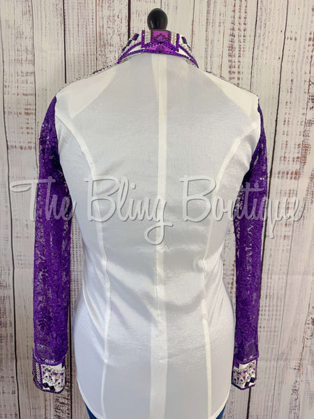 White & Bright Purple Day Shirt Set With Lace Sleeves (L)