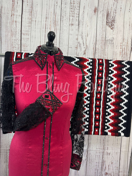 Red & Black Day Shirt Set With Beaded Lace Sleeves (M)