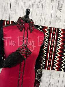 Red & Black Day Shirt Set With Beaded Lace Sleeves (M)