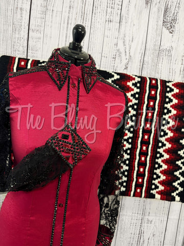 Red & Black Day Shirt Set With Beaded Lace Sleeves (M)