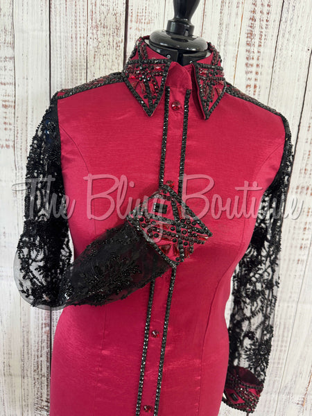 Red & Black Day Shirt Set With Beaded Lace Sleeves (M)