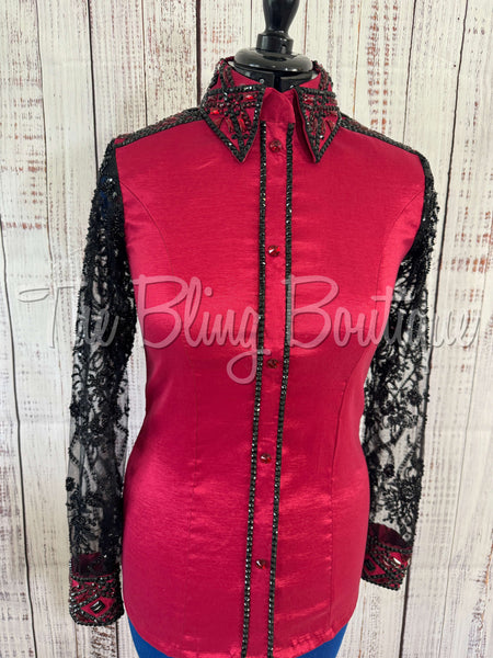 Red & Black Day Shirt Set With Beaded Lace Sleeves (M)