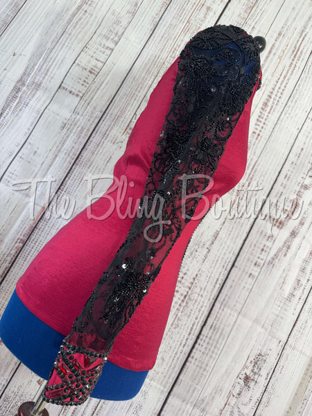 Red & Black Day Shirt Set With Beaded Lace Sleeves (M)