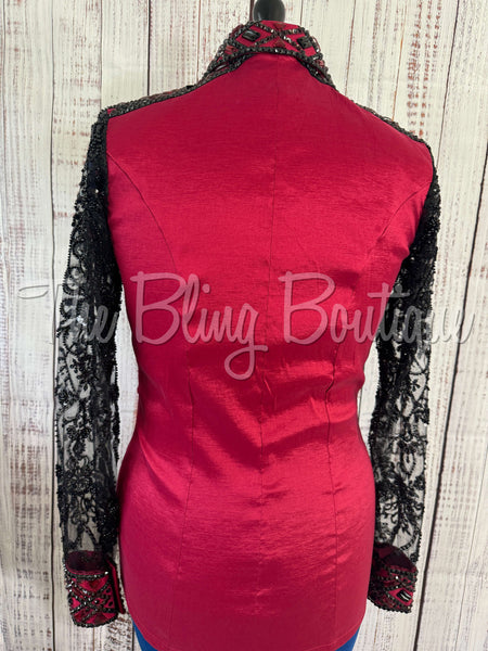 Red & Black Day Shirt Set With Beaded Lace Sleeves (M)