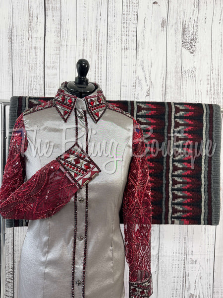 Grey & Burgundy Day Shirt Set With Beaded Lace Sleeves (L)