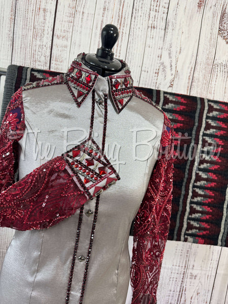 Grey & Burgundy Day Shirt Set With Beaded Lace Sleeves (L)
