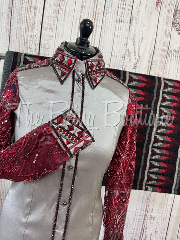 Grey & Burgundy Day Shirt Set With Beaded Lace Sleeves (L)