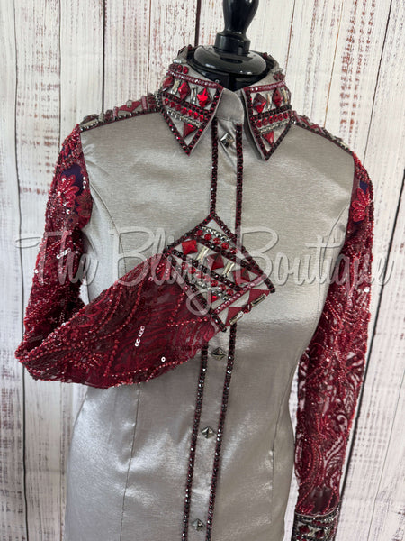 Grey & Burgundy Day Shirt Set With Beaded Lace Sleeves (L)