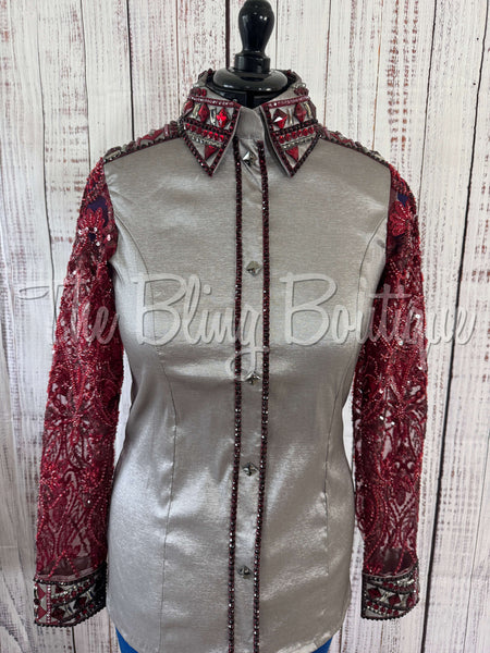 Grey & Burgundy Day Shirt Set With Beaded Lace Sleeves (L)