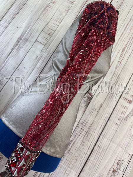 Grey & Burgundy Day Shirt Set With Beaded Lace Sleeves (L)