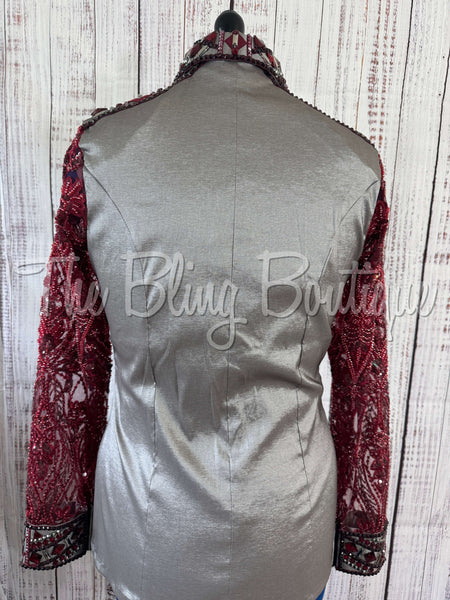 Grey & Burgundy Day Shirt Set With Beaded Lace Sleeves (L)