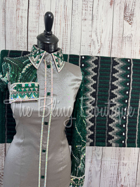 Grey & Hunter Green Day Shirt Set With Lace Sleeves (S)