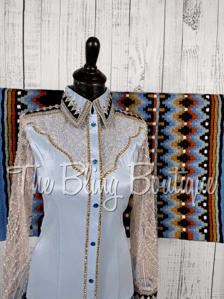 Ice Blue, Tan & Black Day Shirt Set With Beaded Lace Sleeves (XS/S)