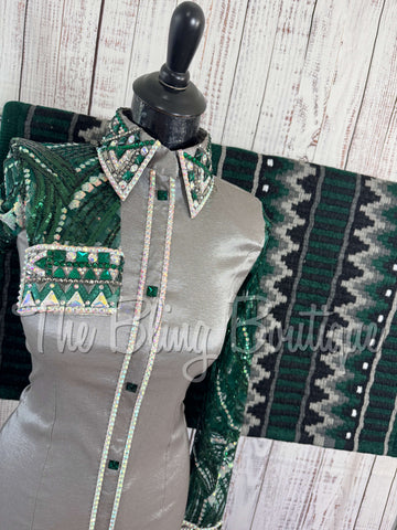 Grey & Hunter Green Day Shirt Set With Lace Sleeves (S)