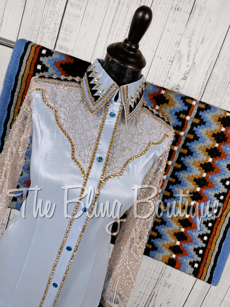 Ice Blue, Tan & Black Day Shirt Set With Beaded Lace Sleeves (XS/S)