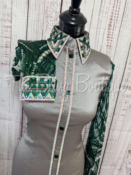 Grey & Hunter Green Day Shirt Set With Lace Sleeves (S)