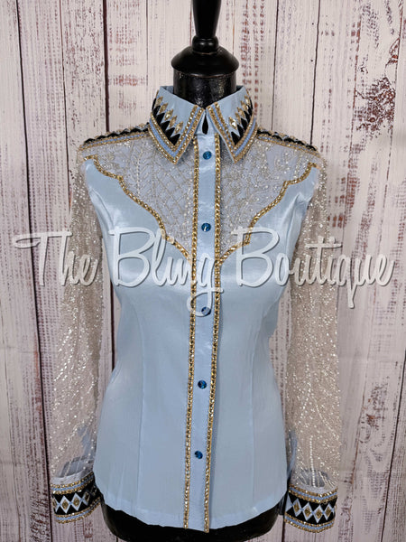 Ice Blue, Tan & Black Day Shirt Set With Beaded Lace Sleeves (XS/S)