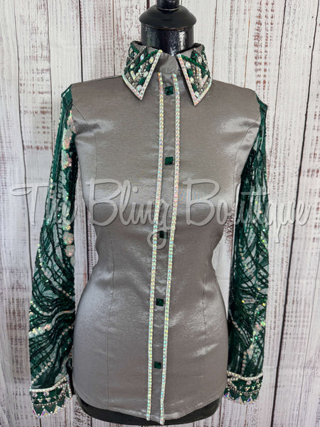 Grey & Hunter Green Day Shirt Set With Lace Sleeves (S)