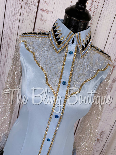 Ice Blue, Tan & Black Day Shirt Set With Beaded Lace Sleeves (XS/S)